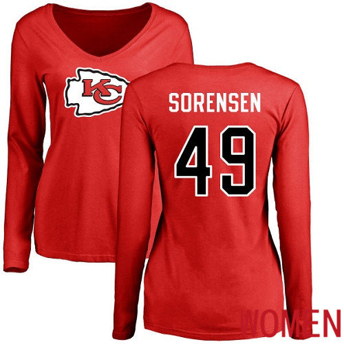 Women Kansas City Chiefs #49 Sorensen Daniel Red Name and Number Logo Slim Fit Long Sleeve NFL T Shirt